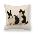 Detail shot showing the woven linen texture and cute bunny with cat prints on the pillowcase - Realistic Cat and Rabbit Pets (12) / 18x18 Inch