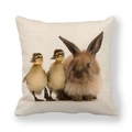 Close-up of linen pillow cover featuring realistic yellow ducklings and a brown bunny print - Ducklings and Brown Lop-eared Rabbit (14) / 18x18 Inch