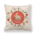 Linen Easter throw pillow cover with floral wreath, white rabbit and colorful eggs print - White Rabbit with Wreath (Style 3)