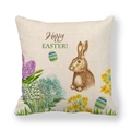 Fodera per cuscino pasquale in lino con coniglietto, fiori primaverili e scritta Happy Easter - Arte ad Acquerello Coniglio Fiori Uova di Pasqua (8) / 45cmx45cm