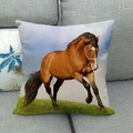 Linen cushion cover with brown horse print on a gray sofa in a home setting - Brown Horse Grass Running(28)