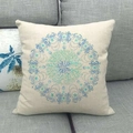 Macro view of linen cushion cover showing nautical mandala with blue crab and seahorse - Teal Blue Crab Seahorse (10)