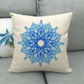 Close-up of geometric mandala pattern on linen blend pillowcase texture on a sofa - Bright Blue Mandala (4)