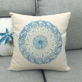 Close-up of linen pillow cover featuring a blue nautical mandala with starfish and shells - Ocean Blue Starfish Conch (6)