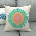 Detailed texture of linen throw pillow case featuring colorful circular geometric pattern - Rainbow Radiance Mandala (7)