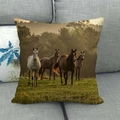 Linen cushion cover with four horses running in a forest landscape at sunset - Horses In Forest(30)