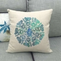Detail of Hamsa mandala pattern on beige linen cushion cover placed on a sofa - Blue Hamsa Hand (8)