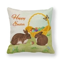 Federa per cuscino pasquale in lino con coniglietti marroni e uova colorate - Due Conigli e Cesto di Uova di Pasqua (10) / 45cmx45cm