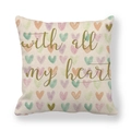 Linen pillow cover with colorful hearts and with all my heart gold script text - 18x18 Inch / With All My Heart Style (4)