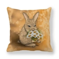 Funda de cojín de lino con ilustración de conejo de Pascua y margaritas blancas - Estilo de conejito marrón oliendo margaritas (24)