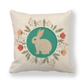 Linen Easter pillow cover featuring a hand-painted rabbit and floral wreath on beige base - Gray Bunny with Botanical Ring (Style 5)
