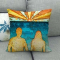 Artistic linen pillowcase with colorful silhouette on a modern grey sofa fabric - Sunrise Person Silhouette (15)