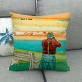 Close-up of artistic character print on a linen cushion cover placed on a sofa - Old Man Back View at Sea (16)