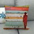 Detail of artistic linen pillowcase featuring abstract colorful stripes and a red silhouette - Modern Art Color Stripes (17)