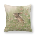 Linen Easter pillow cover featuring a cute brown rabbit and daisy floral illustration - Hand-painted Brown Long-eared Rabbit Pink Floral Style (2) / 45x45cm