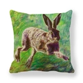 Easter bunny linen pillowcase featuring a painted rabbit running through grass on white background - Running Wild Rabbit In Brown And Purple Tones Style (3) / 45x45cm