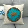 Macro detail of linen texture and colorful sea turtle printed pattern on sofa cushion cover - Vintage Round Coral Turtle (14)