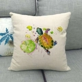 Close-up of a square linen cushion cover featuring a colorful sea turtle watercolor print - Lotus Leaf Purple Water Drop Turtle (15)
