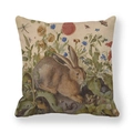 Linen pillowcase with vintage brown rabbit and floral botanical illustration print - Classical Realistic Rabbit With Insects And Thistle Style (4) / 45x45cm