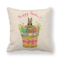 Linen Easter pillowcase featuring a cartoon bunny in a flower basket with Happy Easter text - Bunny in Basket with Eggs (Style 9)