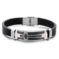 Detail of men's cross bracelet with black silicone band and stainless steel clasp - Flat Black