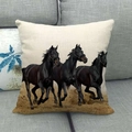 Linen pillow cover featuring running black horses pattern on a beige background - Three Black Horses Beige(7)