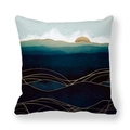 Abstract sun and mountain scenery cushion cover in navy blue peach skin fabric - Blue Green Gold Wave Sun (20)