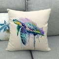 Linen cushion cover with colorful watercolor turtle print on a beige square pillowcase - Vibrant Multicolor Watercolor Turtle (6)