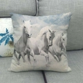 Square linen cushion cover featuring three white horses running through water on a sofa - Three White Horses Water(12)