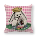 Easter bunny cushion cover with pink diamond grid and linen texture for spring decor - Cartoon Rabbit Wearing Straw Hat With Basket Style (16) / 45x45cm