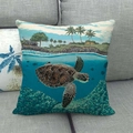 Linen square pillow case with realistic sea turtle and tropical island beach pattern - Ocean World Panorama Turtle (9)