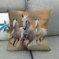 Linen pillow cover featuring three white running horses in a sunset field landscape - Three White Horses Sunset(13)