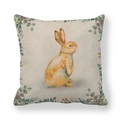 Easter rabbit watercolor print linen cushion cover with green wreath and square texture - Watercolor Wreath Decorated Brown Rabbit Style (18) / 45x45cm