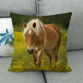 Linen cushion cover with a brown horse in a flower field on a grey sofa - Brown Horse Flower Field(15)