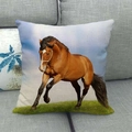 Linen throw pillow featuring a running brown horse print on a comfortable sofa - Brown Horse Sky Field(17)