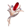 Blumenbrosche mit großem roten Markasit-Edelstein und Kristallen in Roségold - Rot
