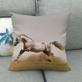 Square linen cushion cover featuring a white running horse print on beige background - White Horse Dust Realistic(18)