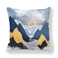 Peach skin throw pillow with abstract blue and gold marble mountain landscape print - Blue Gold Mountain Sun (2)