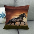 Linen cushion cover with running black horse print on grey fabric sofa background - Black Horse Sunset Prairie(19)