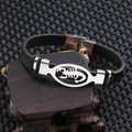Men's leather bracelet with silver scorpion stainless steel plate and folding clasp - Silver