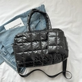 Minimalist black quilted puffer tote bag with matching mini pouch and adjustable strap - Black