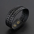 Brede zwart gevlochten leren herenarmband met antieke bronzen drukknoopsluiting - Zwart