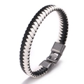 Braided leather bracelet with black and white weave and dark grey metallic clasp - Half Black White