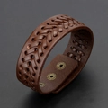 Heren vintage gevlochten leren armband donkerbruin met bronskleurige drukknopen - Bruin
