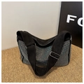 Detail of black suede hobo bag with sparkling silver rhinestones and wide shoulder strap - Colorful
