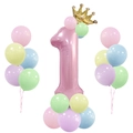 Pink number 1 birthday balloon column with gold crown and macaron latex balloons - Pink Column Number 1
