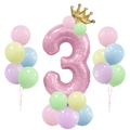Pink number 3 balloon stand with crown and colorful macaron balloons for 3rd birthday - Pink Column Number 3