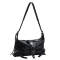 Trendige schwarze Y2K Schultertasche aus Kunstleder mit Silberschnallen und Textur - Schwarz