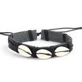 Handmade woven leather shell bracelet with Hawaiian style and adjustable black cord - Black
