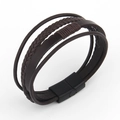 Bracciale multistrato in pelle marrone fatto a mano da uomo con fibbia magnetica nera - Marrone